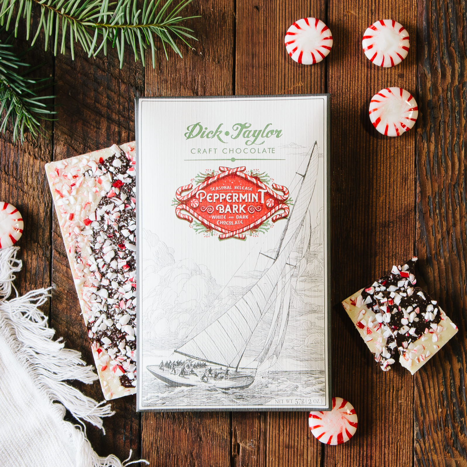 Dick Taylor Peppermint Bark white and dark chocolate bar.