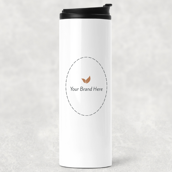 Branded tumbler with black lid