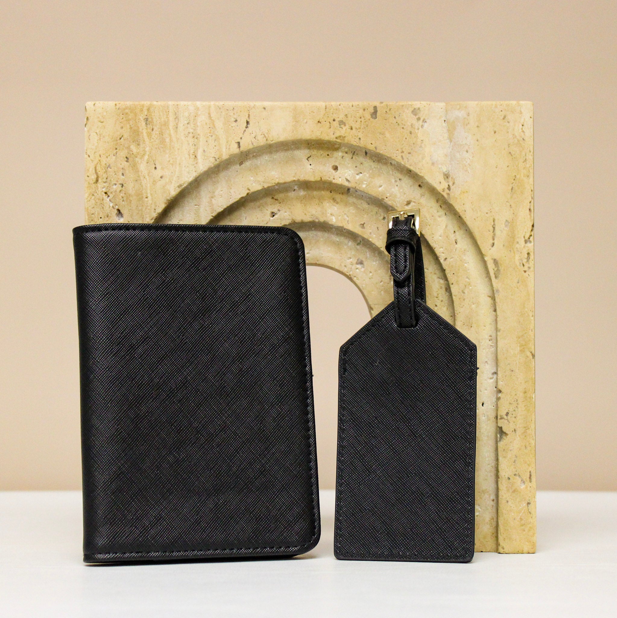 Traveler vegan leather passport cover and luggage tag set.