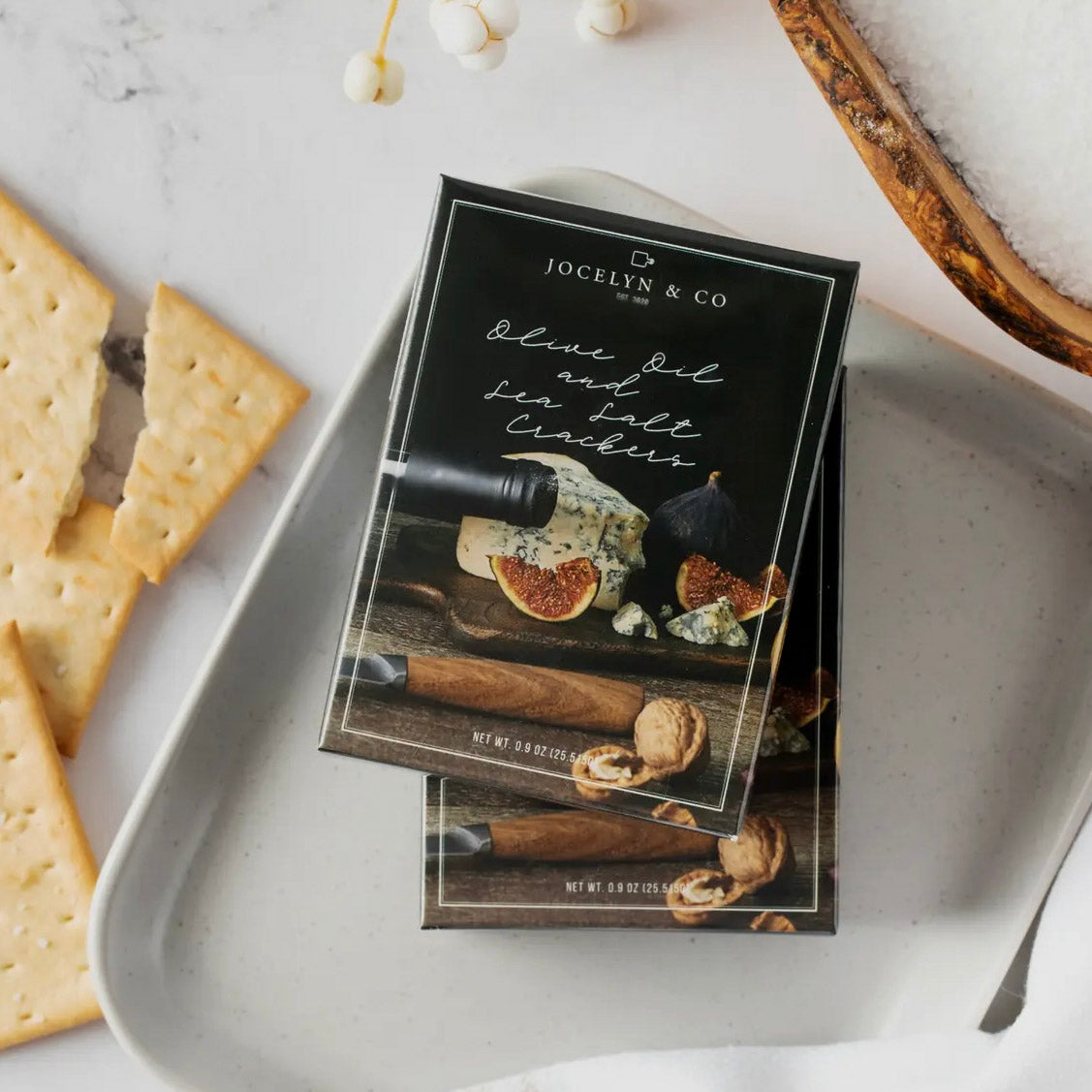 A package of Jocelyn & Co The Winery Collection olive oil and sea salt mini crackers.