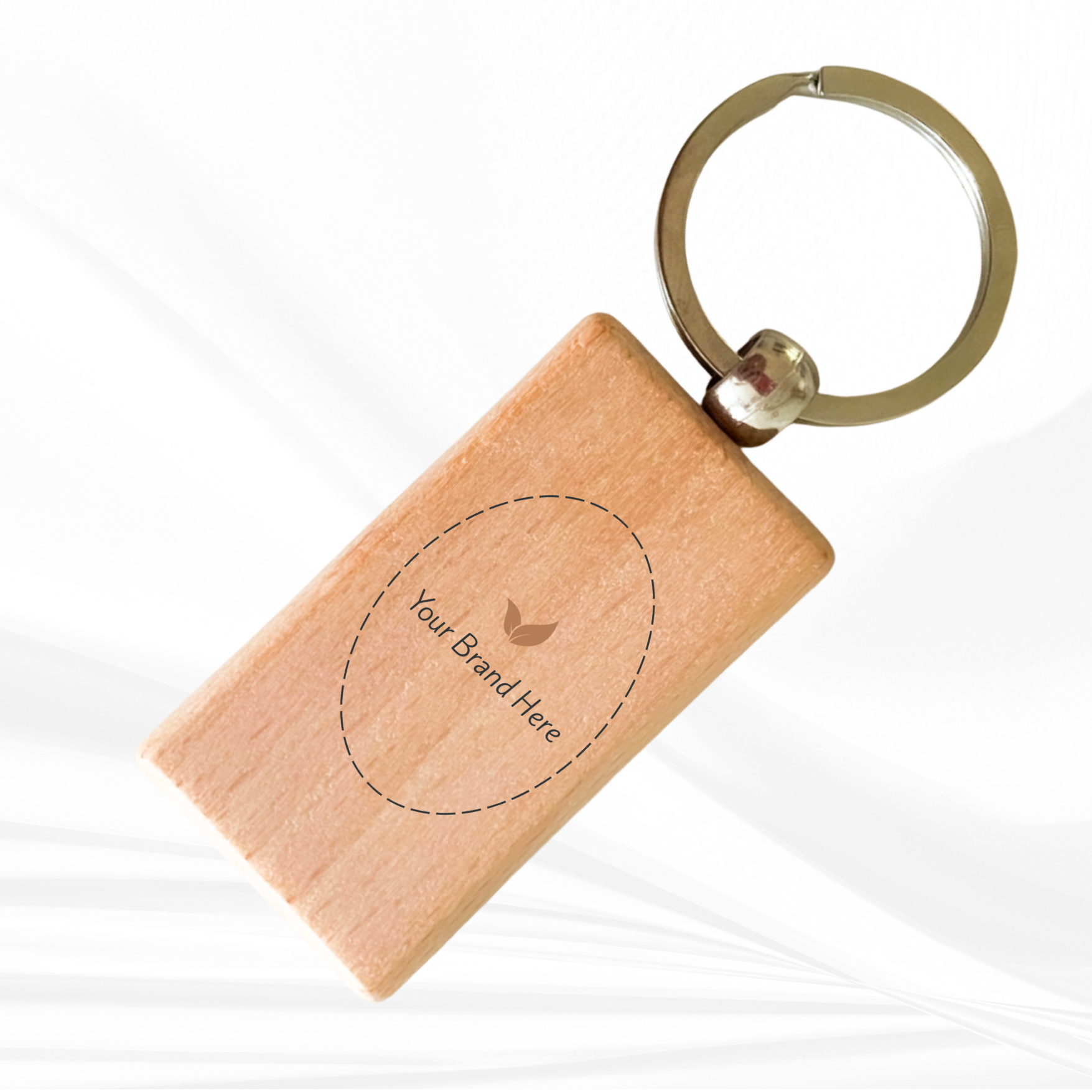 Wooden keychain with customizable branding.