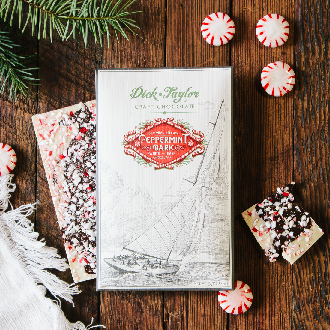 Dick Taylor Peppermint Bark white and dark chocolate bar.