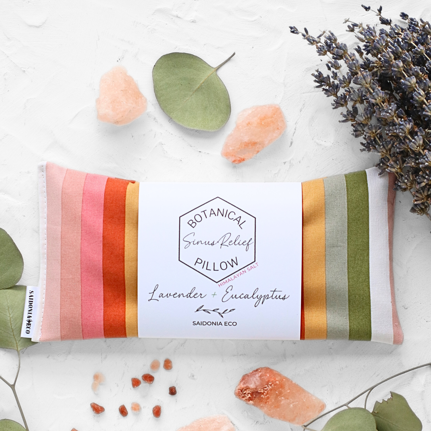 Botanical Sinus Relief Pillow with striped design with lavender and leaves.