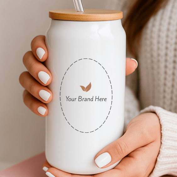 Branded White Glass Cup with Lid - MeaningFull Gift Lab