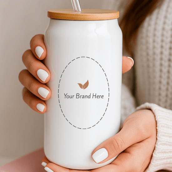 Branded White Glass Cup with Lid - MeaningFull Gift Lab