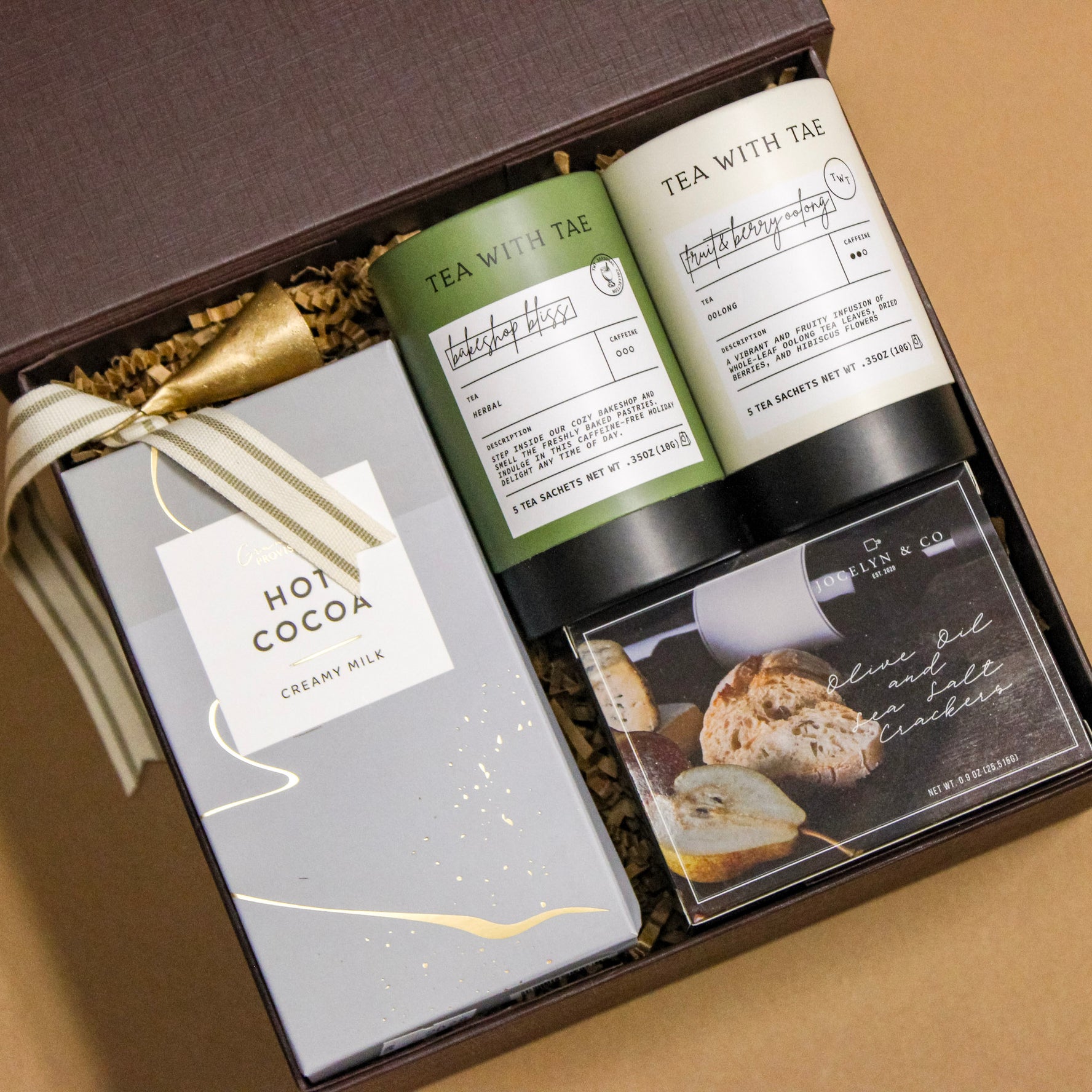 holiday gift box with cocoa and tea