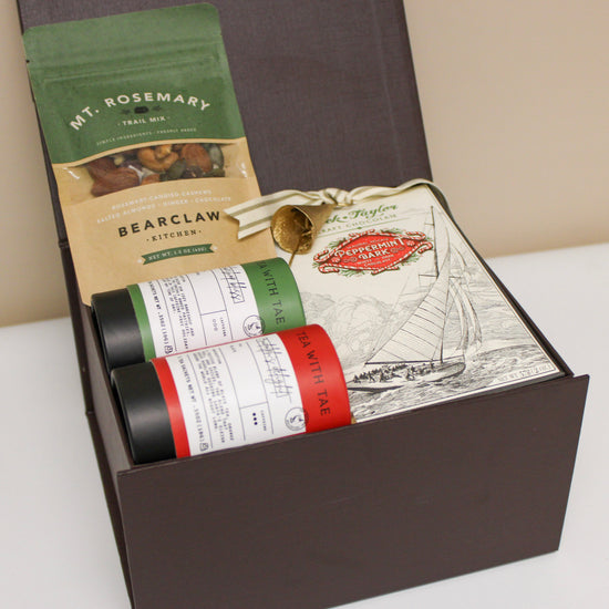 Luxury holiday gift box with tea and chocolate