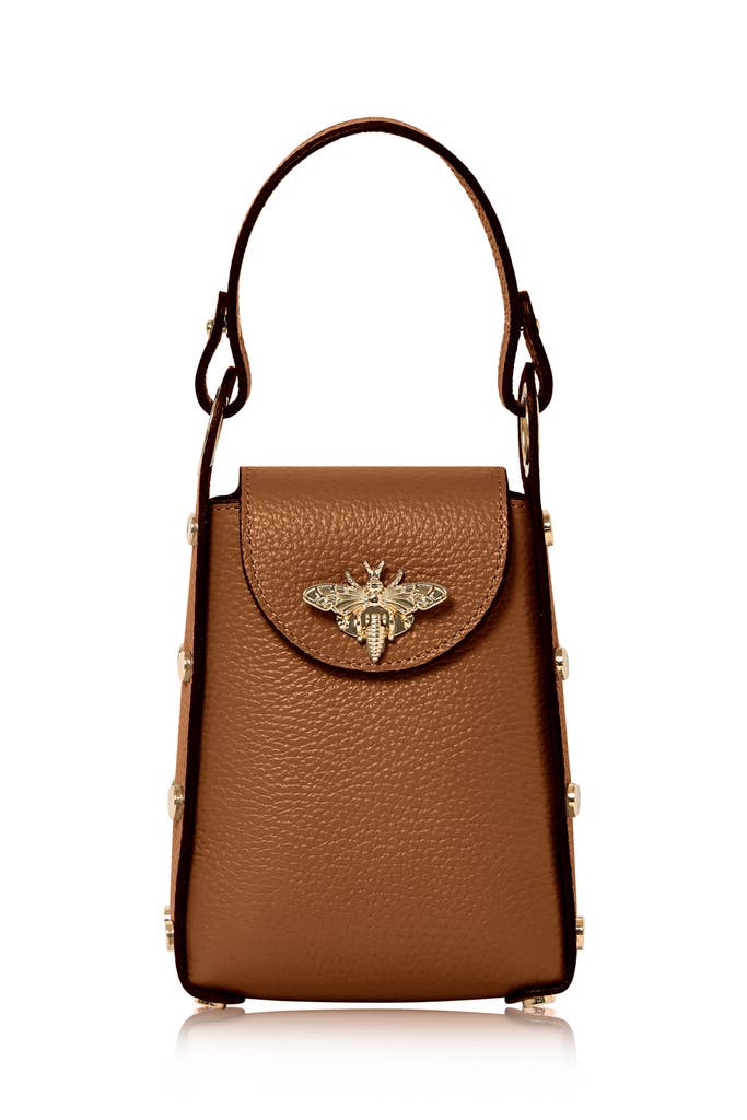 Montte Di Jinne, Italian Genuine Leather Bee Closure Bag- Dark Tan
