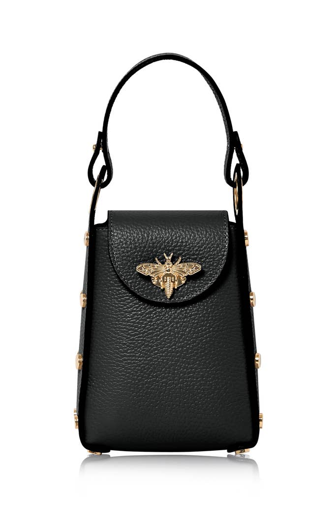 Montte Di Jinne, Italian Genuine Leather Bee Closure Bag with Gold Chain-Black