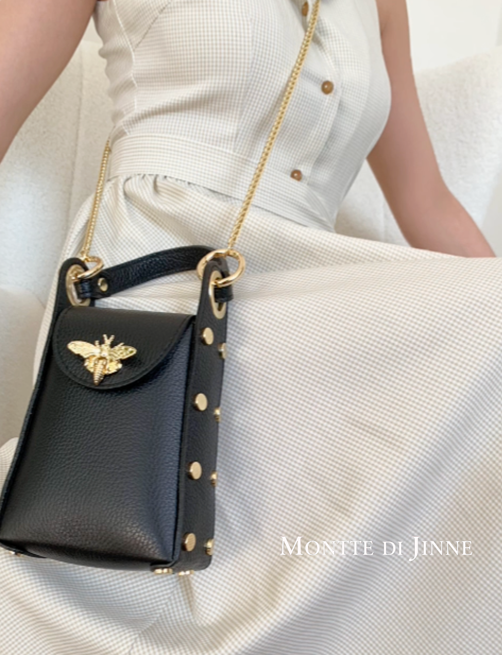 Montte Di Jinne, Italian Genuine Leather Bee Closure Bag- Dark Tan
